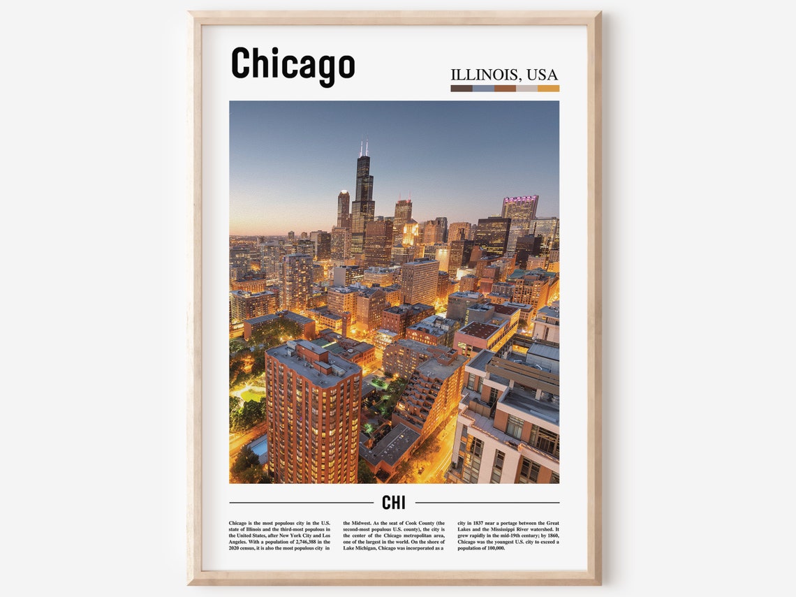 Chicago Illinois Evening Skyline City Lights Photography Travel Poster