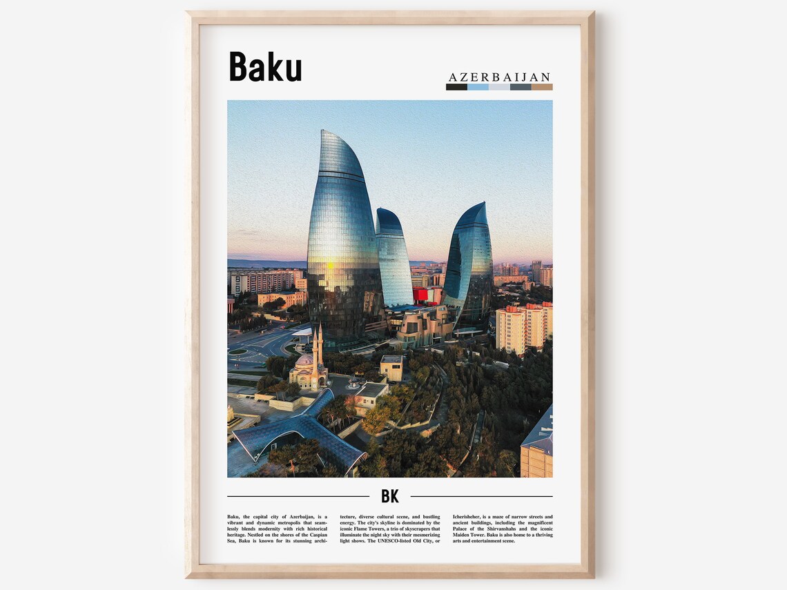 Baku Azerbaijan Flame Towers Modern Skyline at Dusk Travel Poster