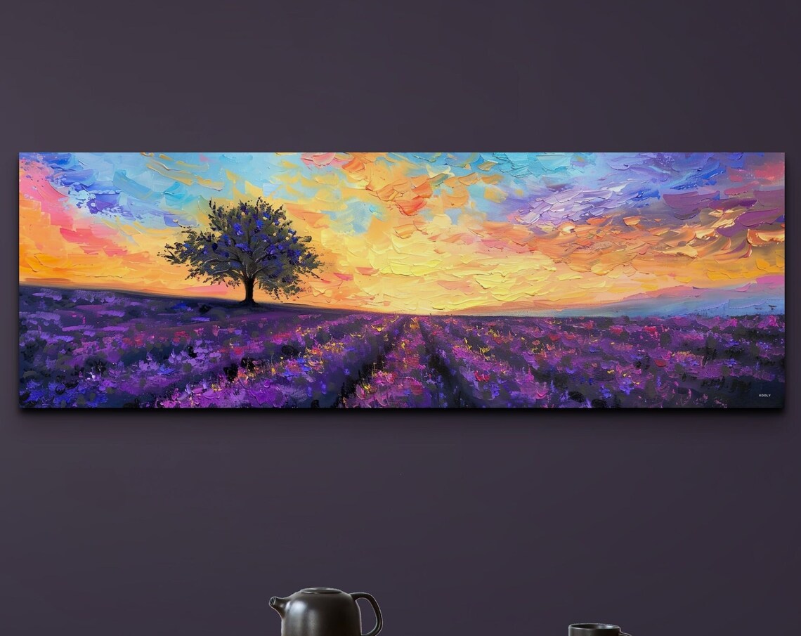 Golden Sunset Lavender Fields Blazing Sky Oil Painting Wall Poster