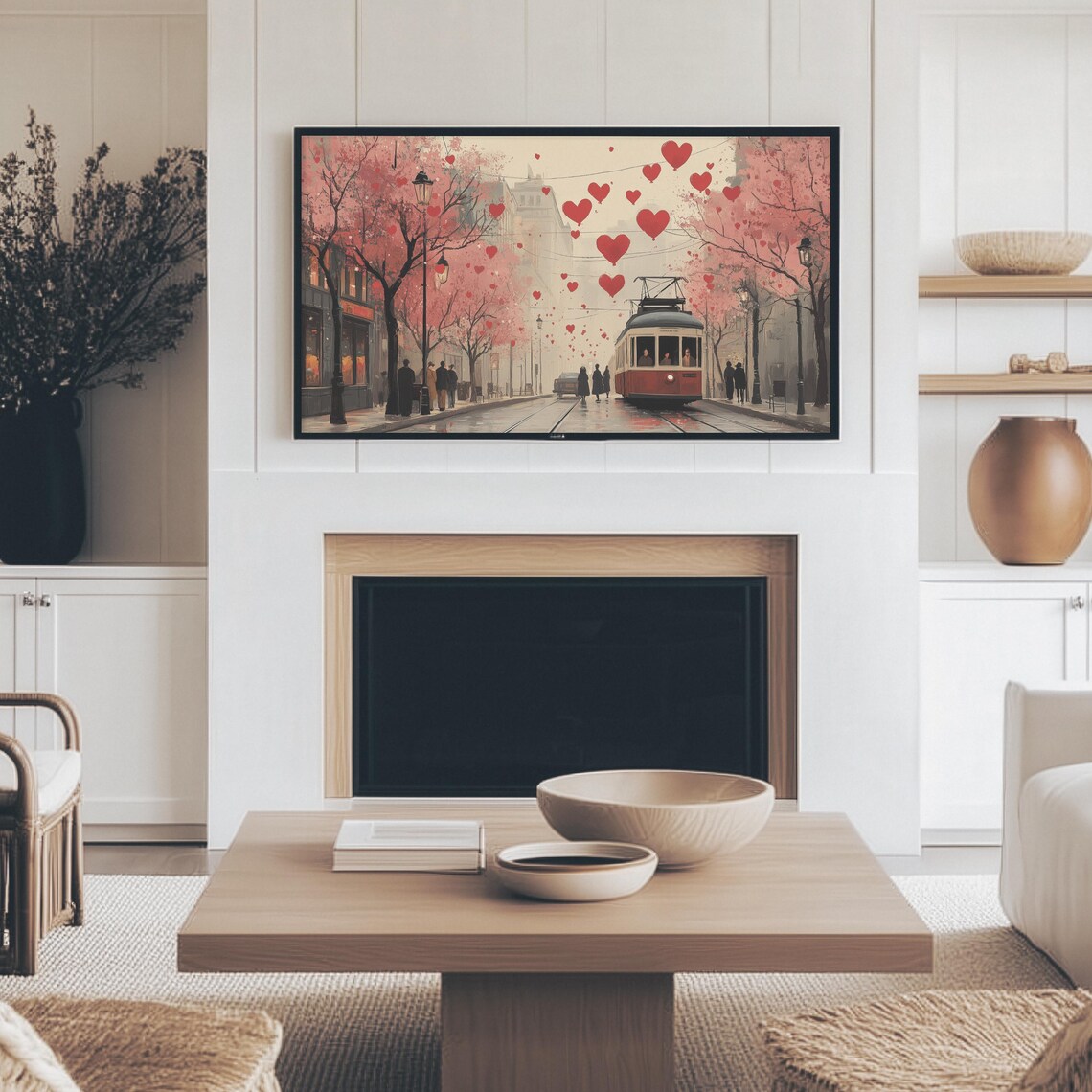 Vintage Tram On Rainy Blossom Street With Floating Hearts Art Print - Image 2