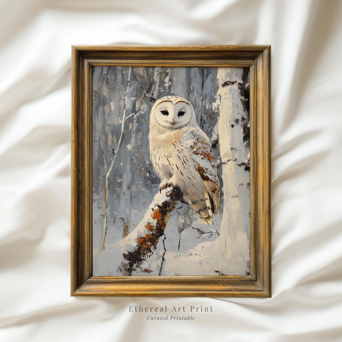 Graceful White Owl Perched Snowy Branch Winter Forest Wall Art