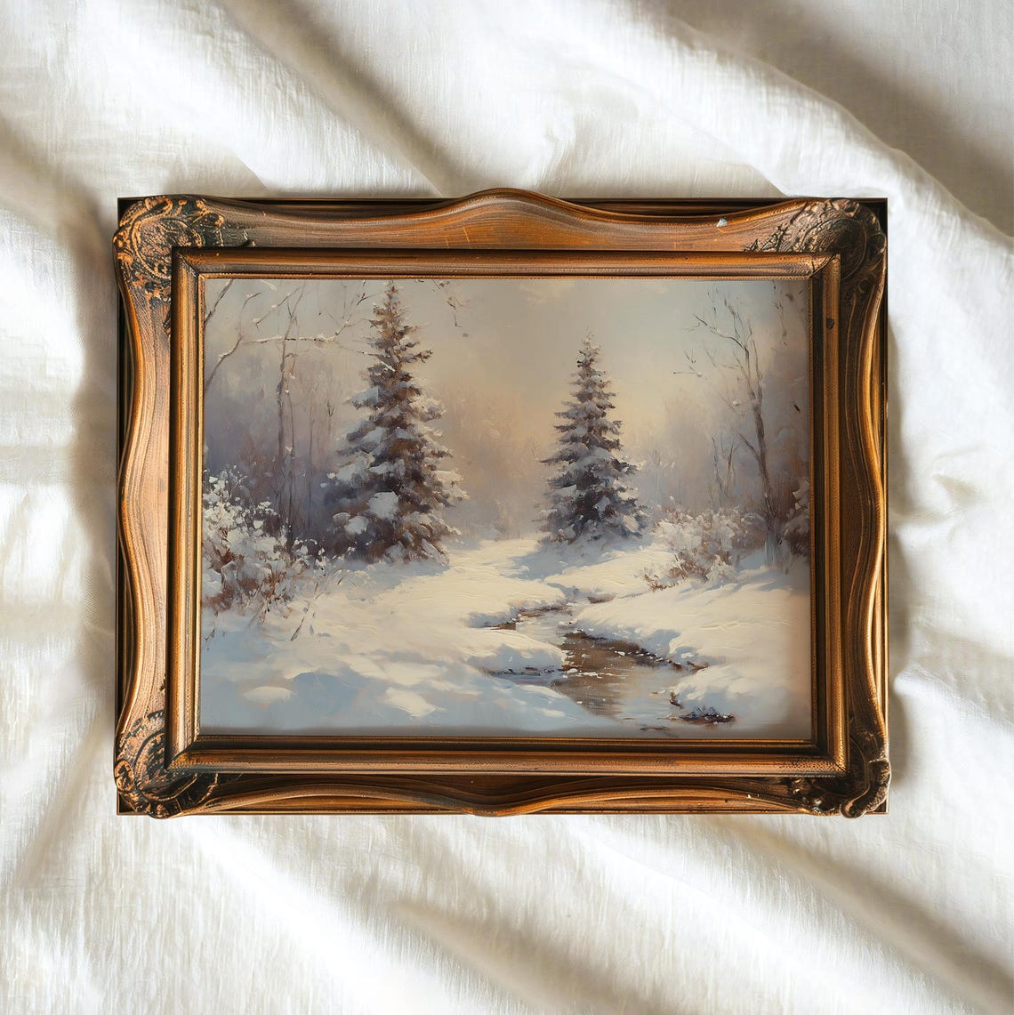 Snowy Pine Trees Frozen Creek Winter Morning Landscape Wall Art - Image 3