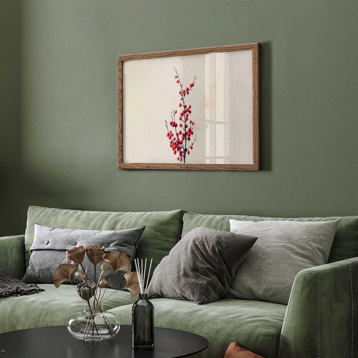 Red Winter Berries On Bare Branch Minimal Christmas Art Print - Image 4