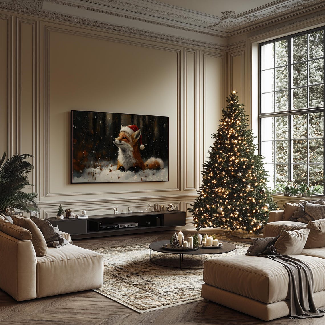 Red Fox Wearing Santa Hat In Snowy Forest Moody Christmas Print - Image 4