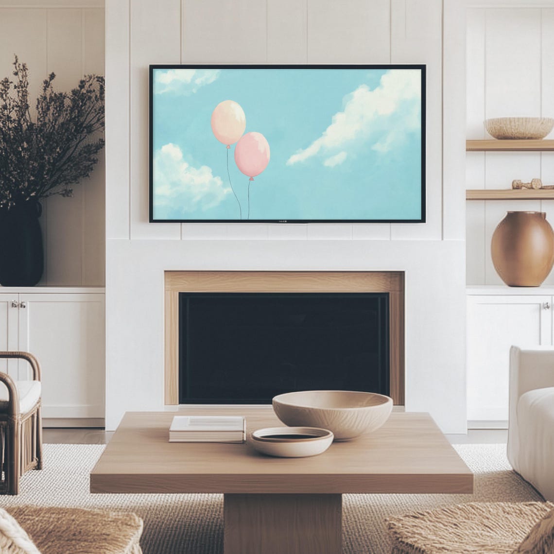 Two Pastel Pink Balloons Floating In Bright Blue Sky Minimal Wall Art - Image 4