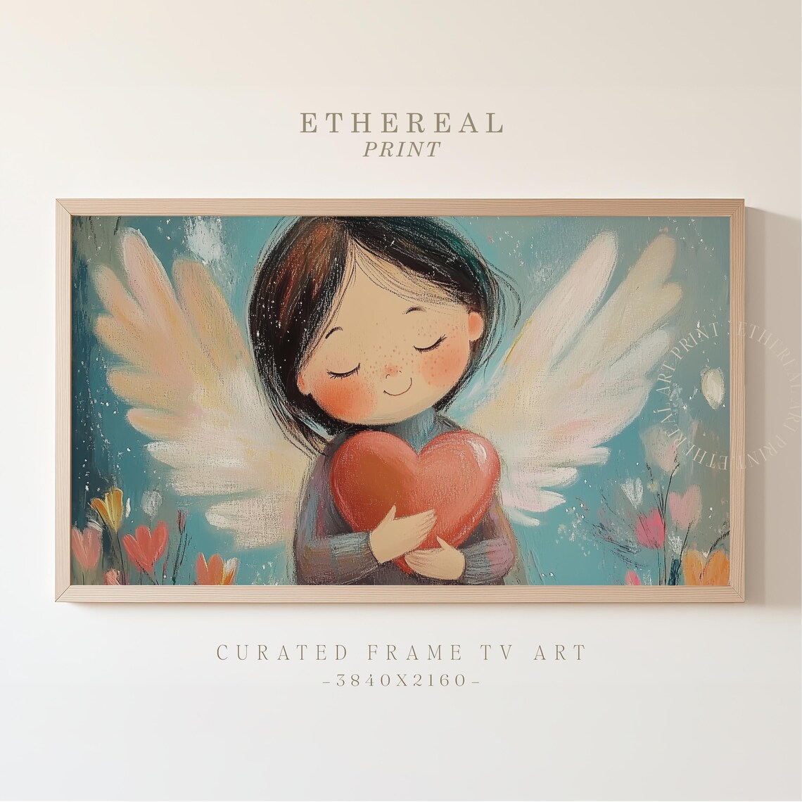 Whimsical Cupid Angel Girl Holding Red Heart Tulip Meadow Art Print