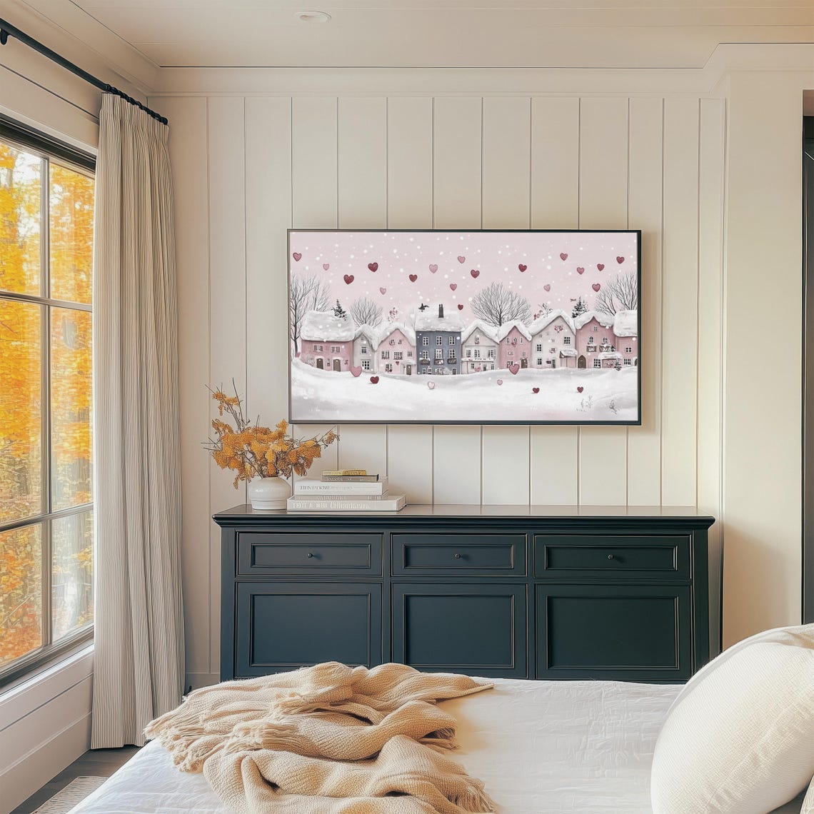 Snowy Pink Village Falling Hearts Valentines Day Frame Tv Art - Image 2