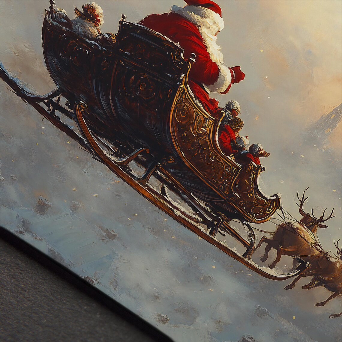Santa Claus Sleigh Ride Over Snowy City At Dusk Vintage Art Print - Image 4