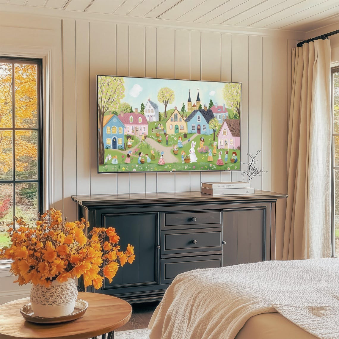 Storybook Easter Village Children Bunny Spring Celebration Wall Art - Image 3