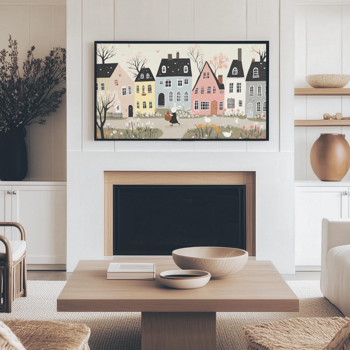 Pastel Easter Town Houses Bunny Carrying Egg Basket Folk Art Print - Image 2