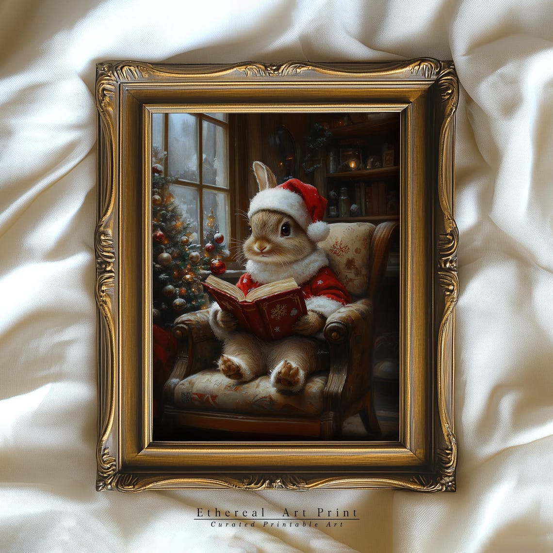Storybook Bunny Santa Suit Reading By Christmas Tree Print Art - Image 3