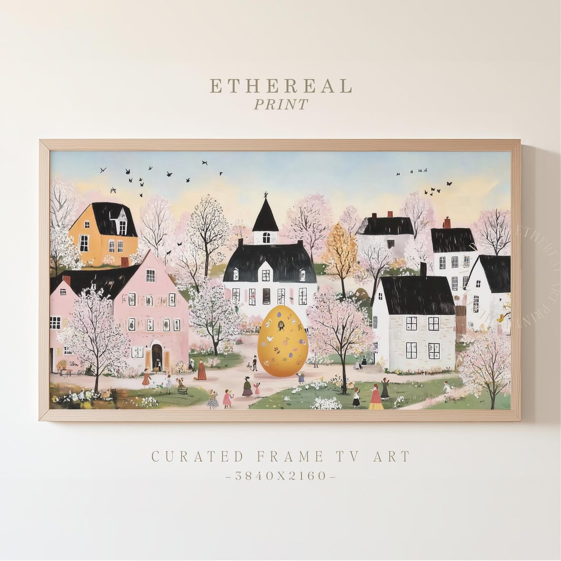 Easter Village With Giant Decorated Egg Folk Art Spring Scene Print