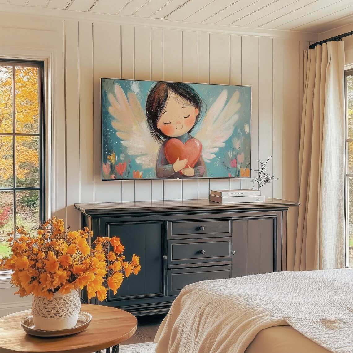 Whimsical Cupid Angel Girl Holding Red Heart Tulip Meadow Art Print - Image 4