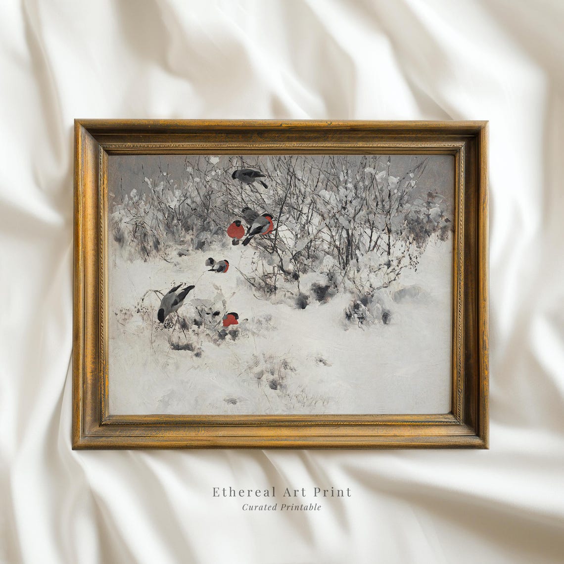 Vintage Bullfinches In Snowy Winter Branches Oil Painting Art Print