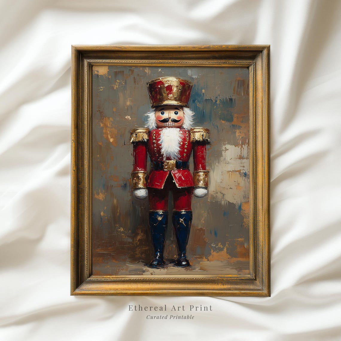 Red Gold Nutcracker Soldier Vintage Christmas Oil Painting Wall Art