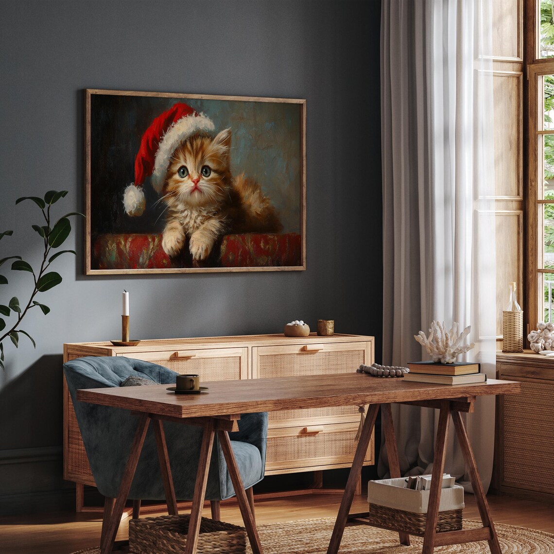 Cute Kitten In Santa Hat Painting Frame Tv Art Nursery Christmas Decor Vintage Baby Cat Oil Painting Frame Tv Xmas Screensaver - Image 2