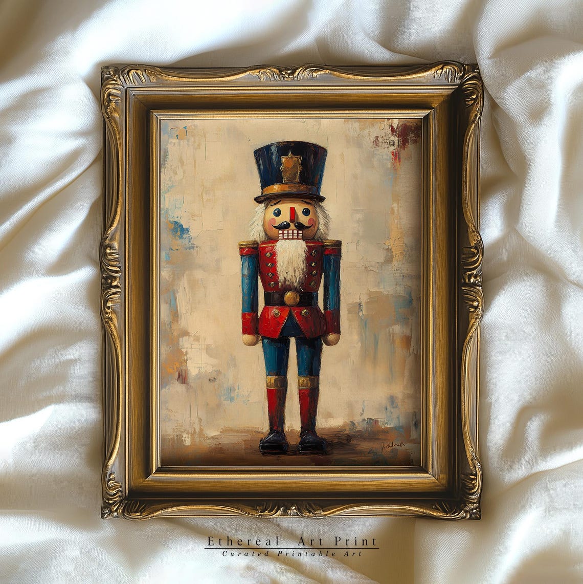 Blue Red Nutcracker Soldier Vintage Oil Painting Christmas Wall Art - Image 2