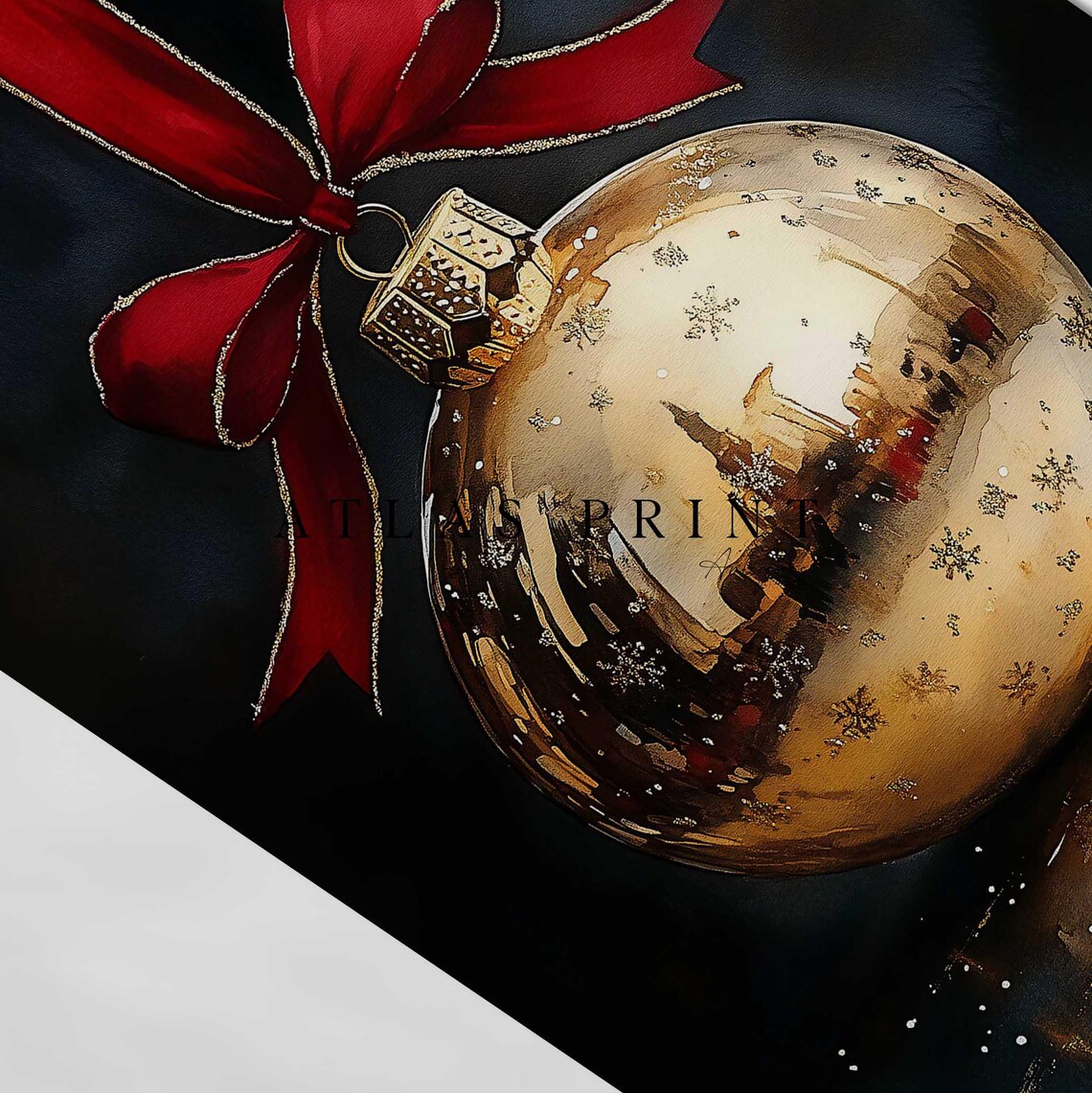 Gold Christmas Ornament With Red Ribbon Festive Ball Painting Print - Image 4