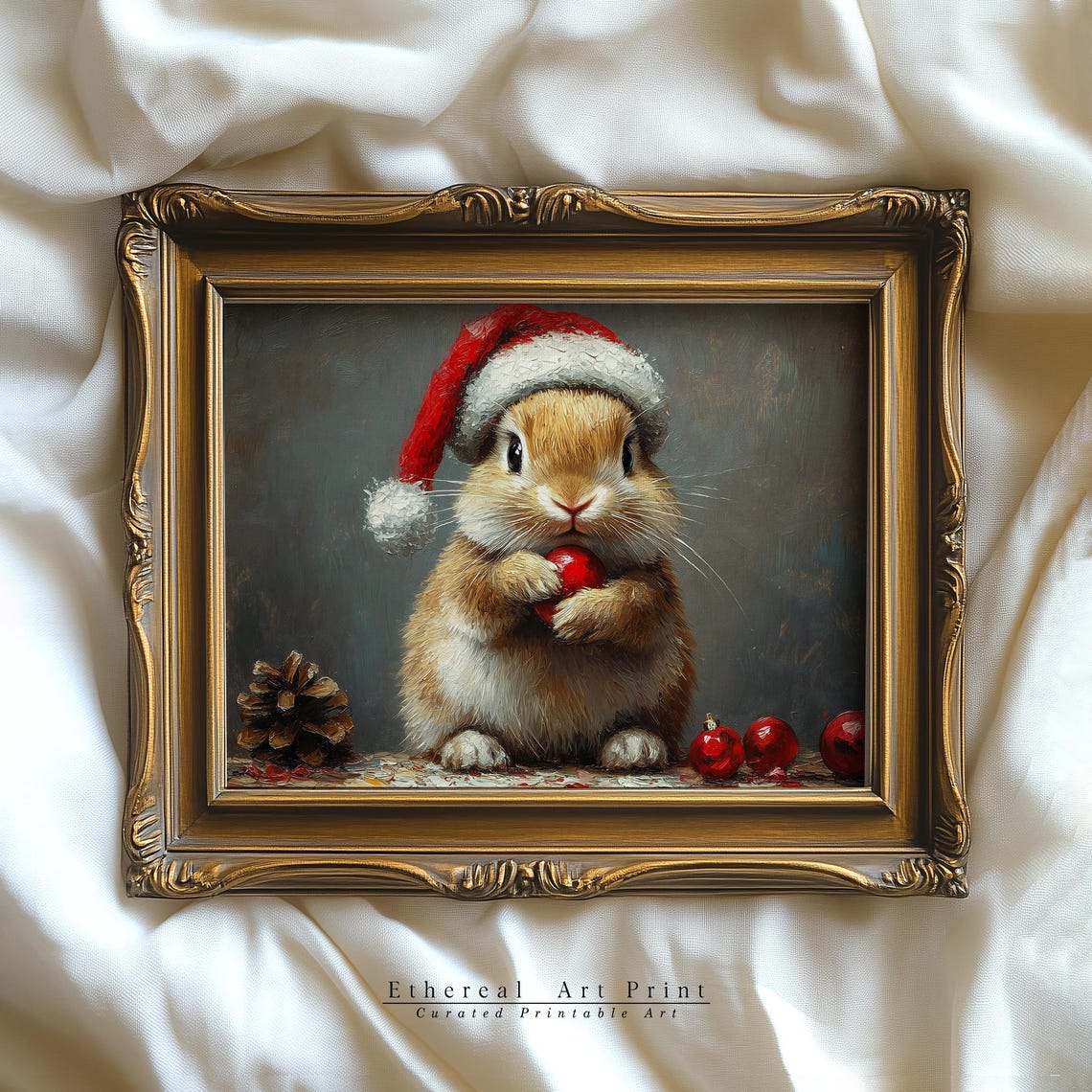 Sweet Bunny Rabbit Santa Hat Red Ornament Christmas Wall Art - Image 2