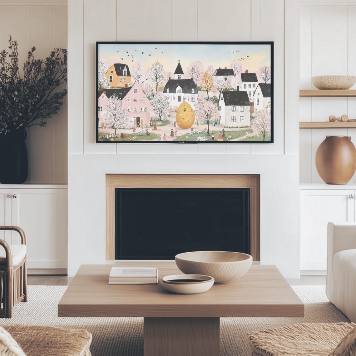 Easter Village With Giant Decorated Egg Folk Art Spring Scene Print - Image 4