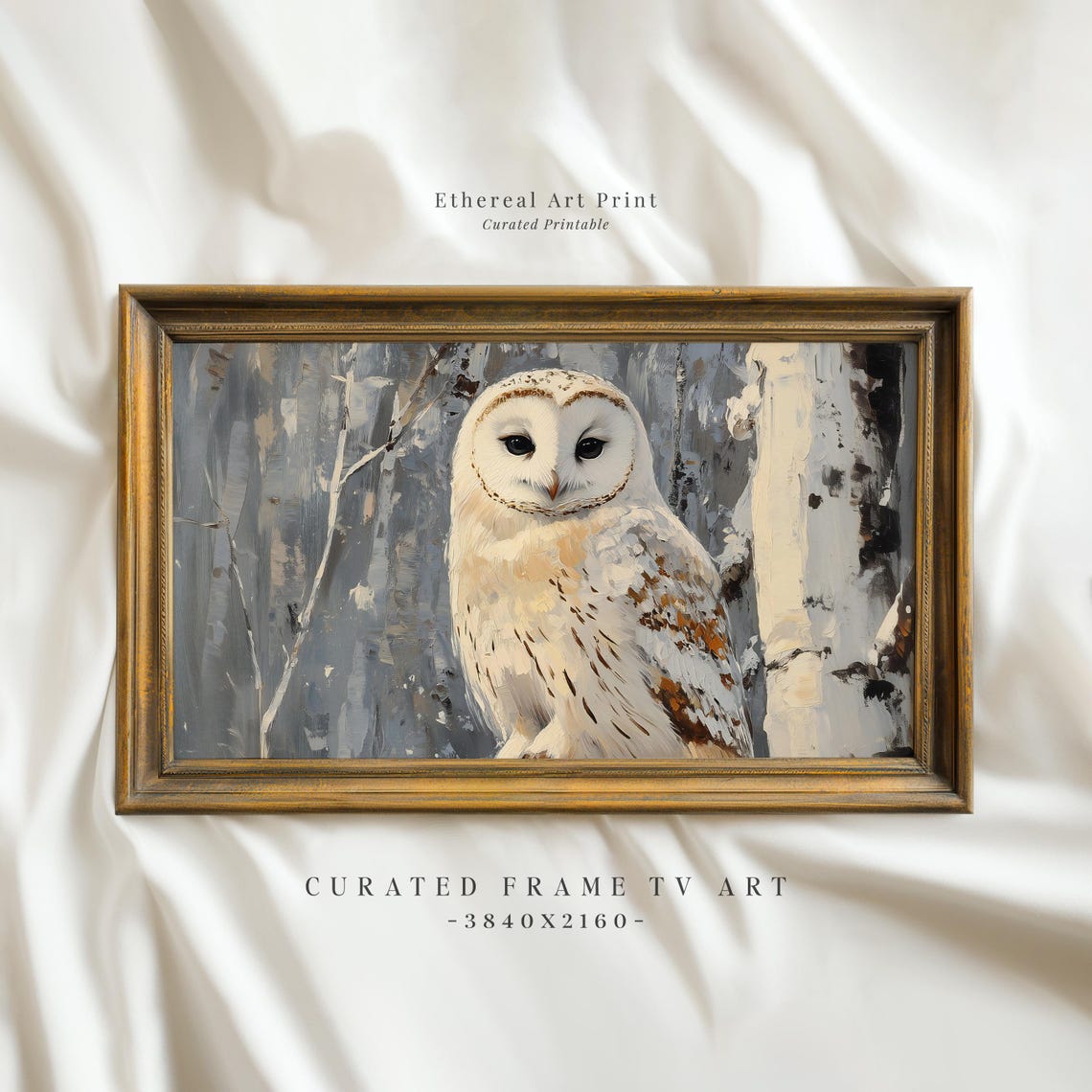 Serene White Owl Snowy Birch Forest Winter Wildlife Portrait Print