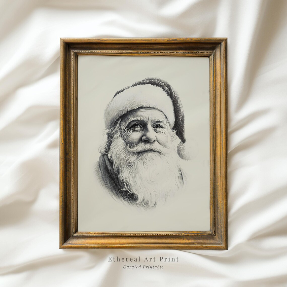Santa Claus Portrait Pencil Sketch Neutral Christmas Drawing Wall Art