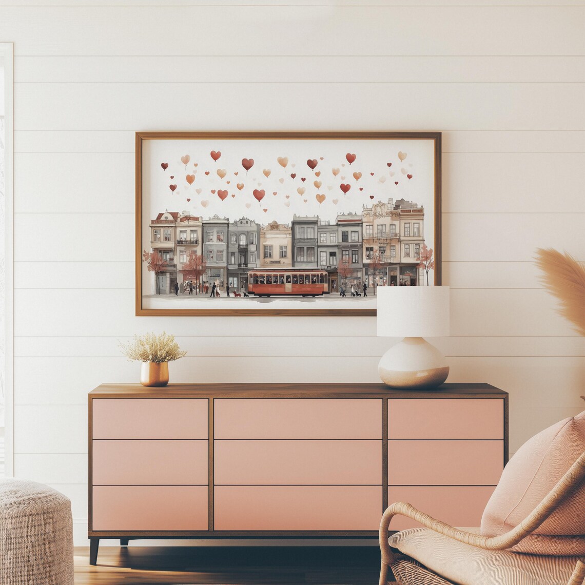 Red Vintage Tram On European Street With Heart Balloons Art Print - Image 4