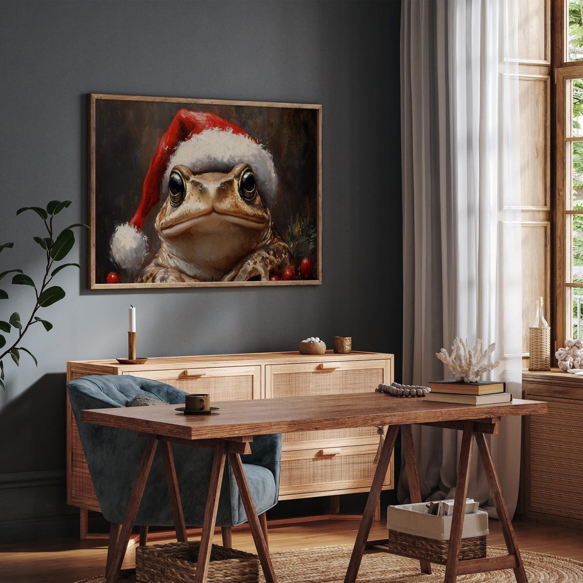 Whimsical Toad Wearing Santa Hat Christmas Holiday Wall Art Print - Image 3