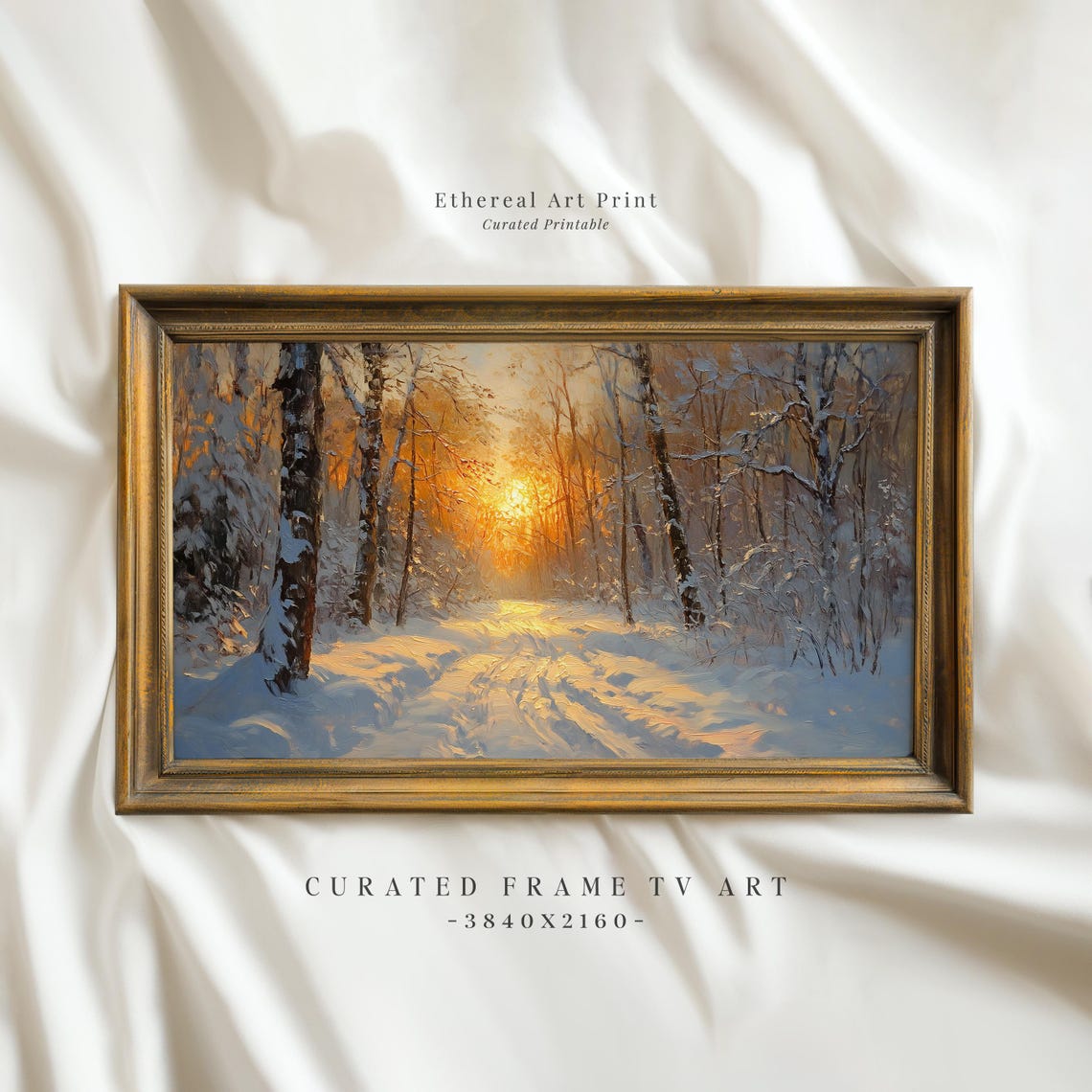Golden Winter Sunset Snowy Forest Path Warm Glow Landscape Print