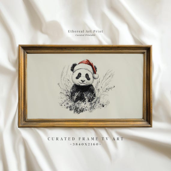 Vintage Panda With Santa Hat Sketch Frame Tv Art Neutral Christmas Nursery Holiday Decor Winter Frame Tv Cute Baby Panda Drawing