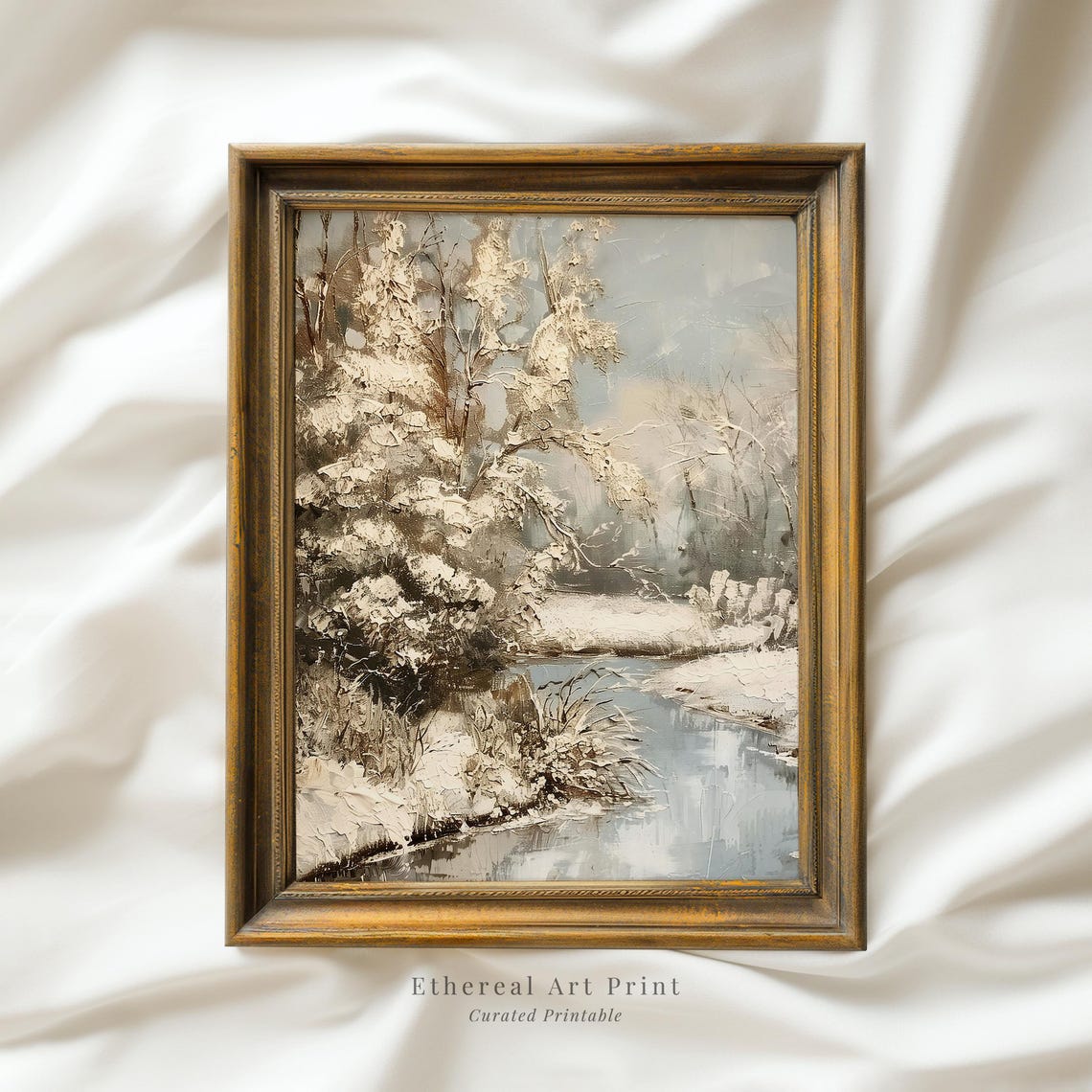 Snowy Winter Stream Painting Neutral Trees Frozen Lake Wall Art