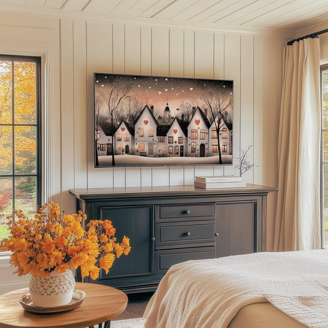 Snowy Cottage Street At Night With Falling Hearts Romance Wall Art - Image 4