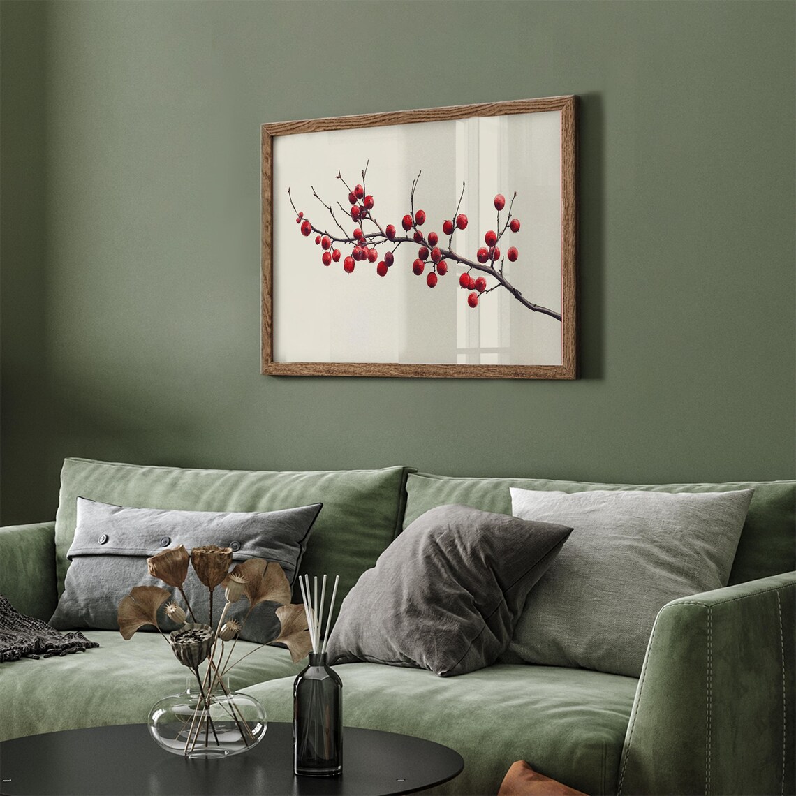Red Berry Branch Minimalist Botanical Winter Painting Wall Art - Image 2