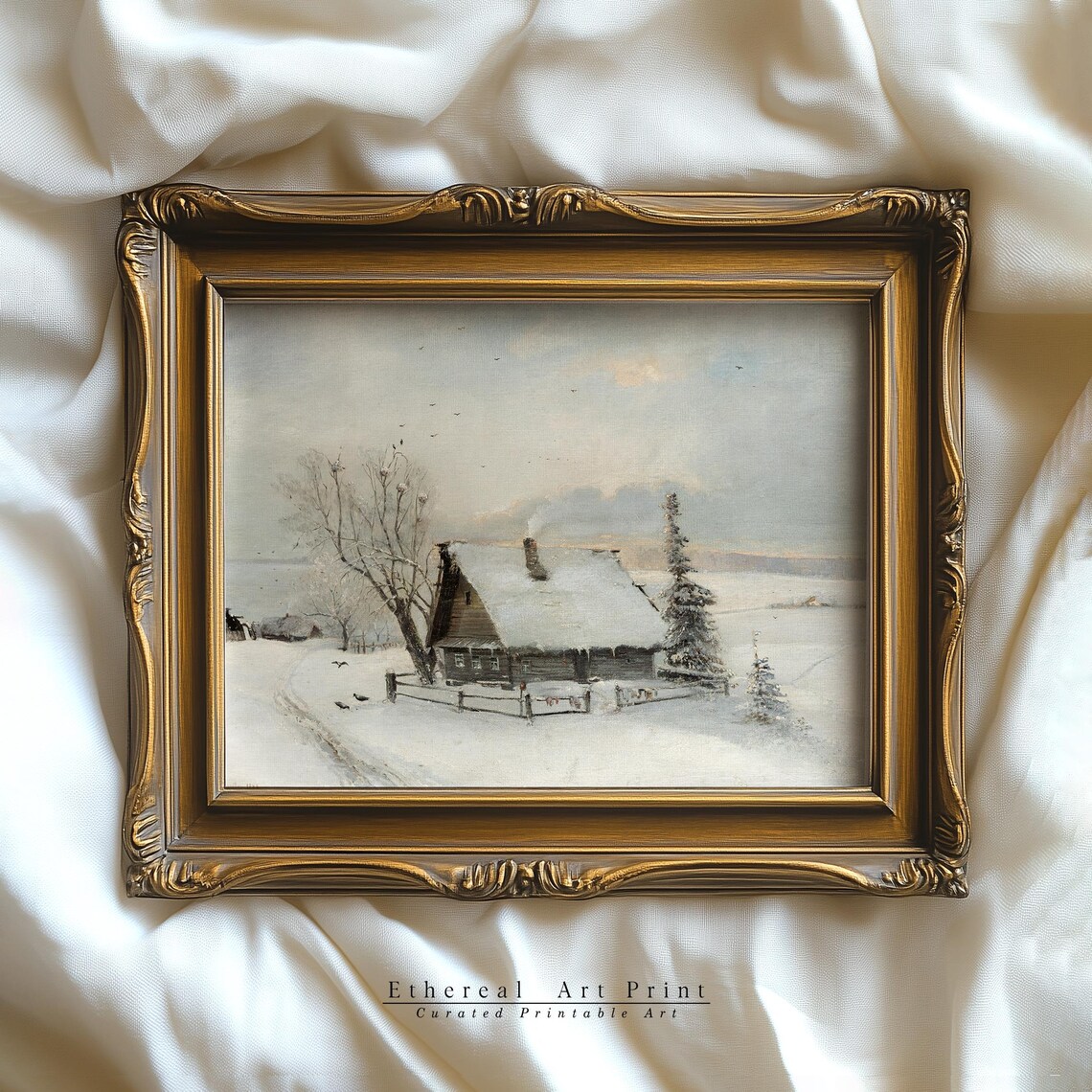 Snowy Winter Cottage Smoke Rising Chimney Vintage Painting Art Print - Image 3