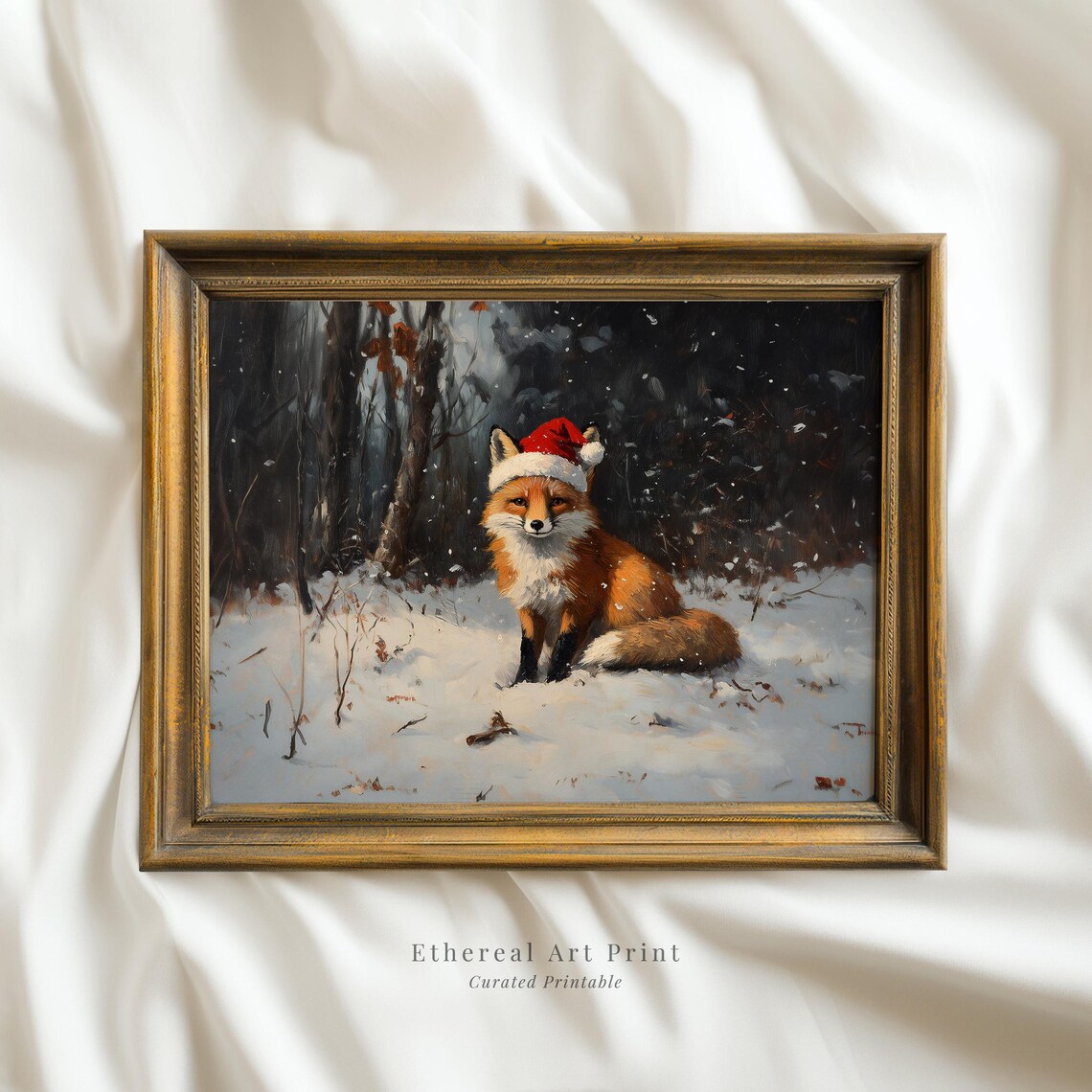 Charming Red Fox Santa Hat Snowy Woodland Christmas Print Art