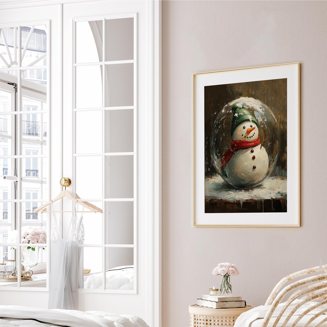 Vintage Snowman in Snow Globe Oil Painting Festive Christmas Print - Image 2