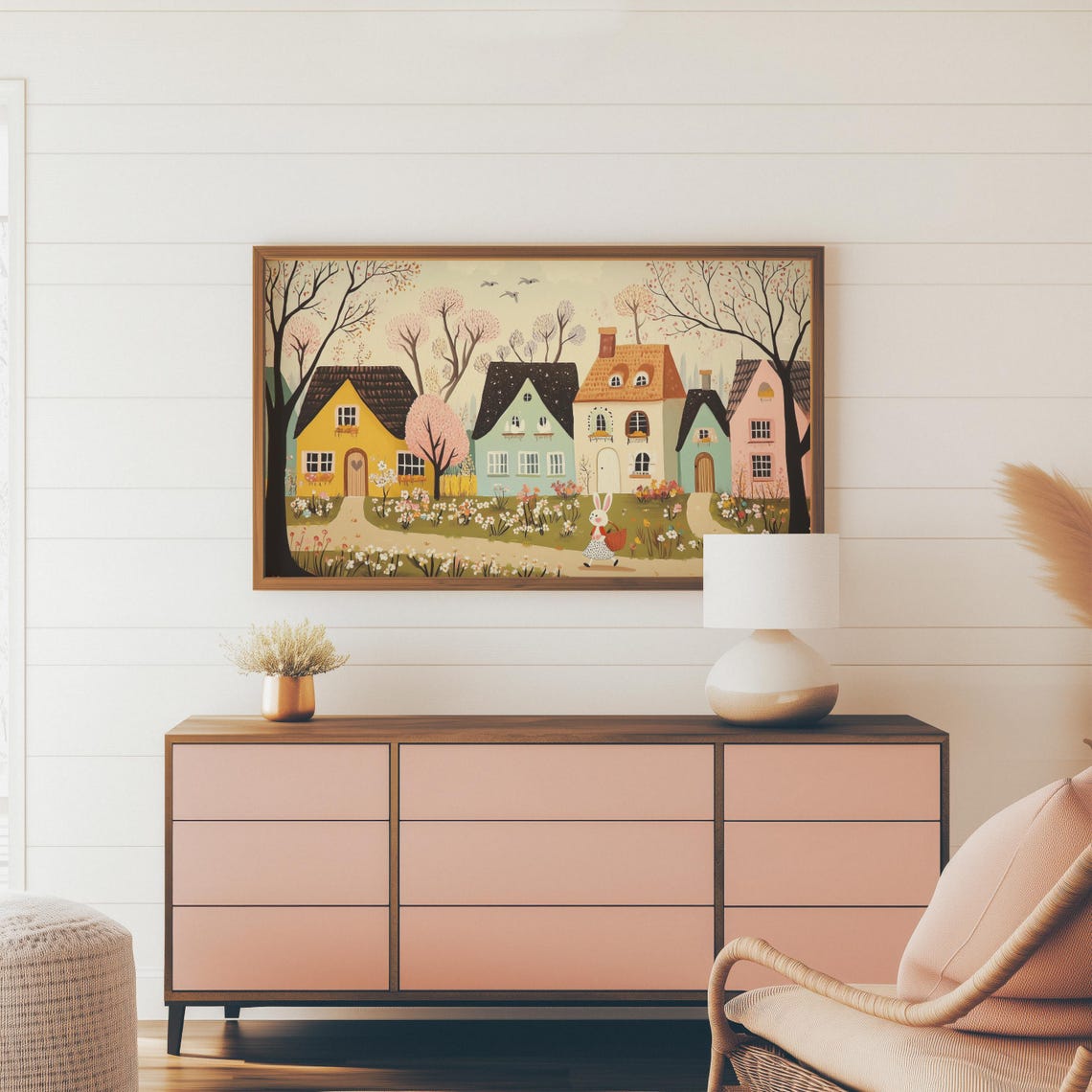 Storybook Easter Village Cottages Bunny With Basket Spring Print - Image 3