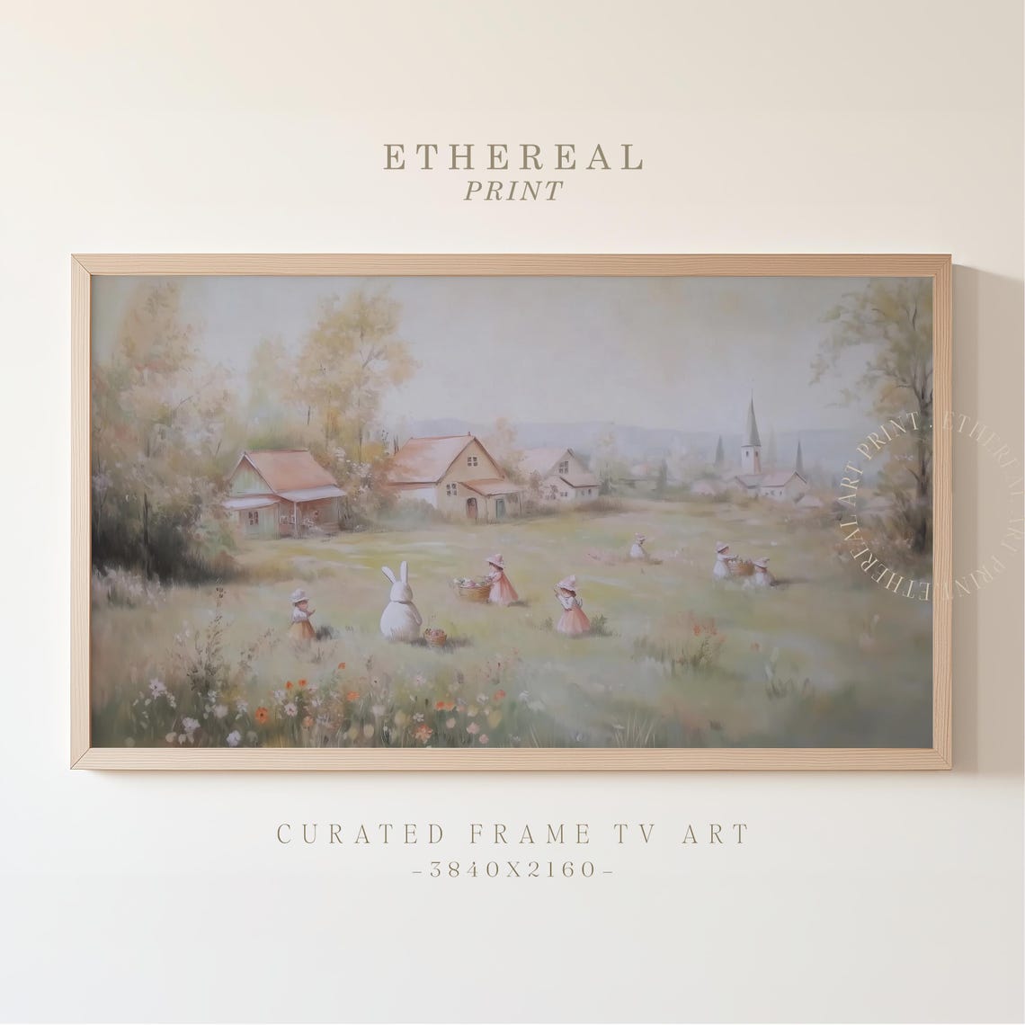 Children With Bunnies Easter Meadow Village Pastel Spring Wall Art
