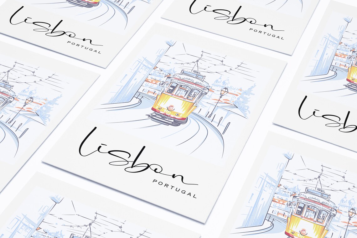 Lisbon Portugal Yellow Tram Street Minimal Line Art Travel Poster - Image 2