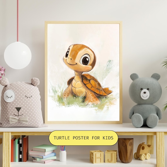 Adorable Smiling Baby Sea Turtle With Big Eyes in Grass Poster