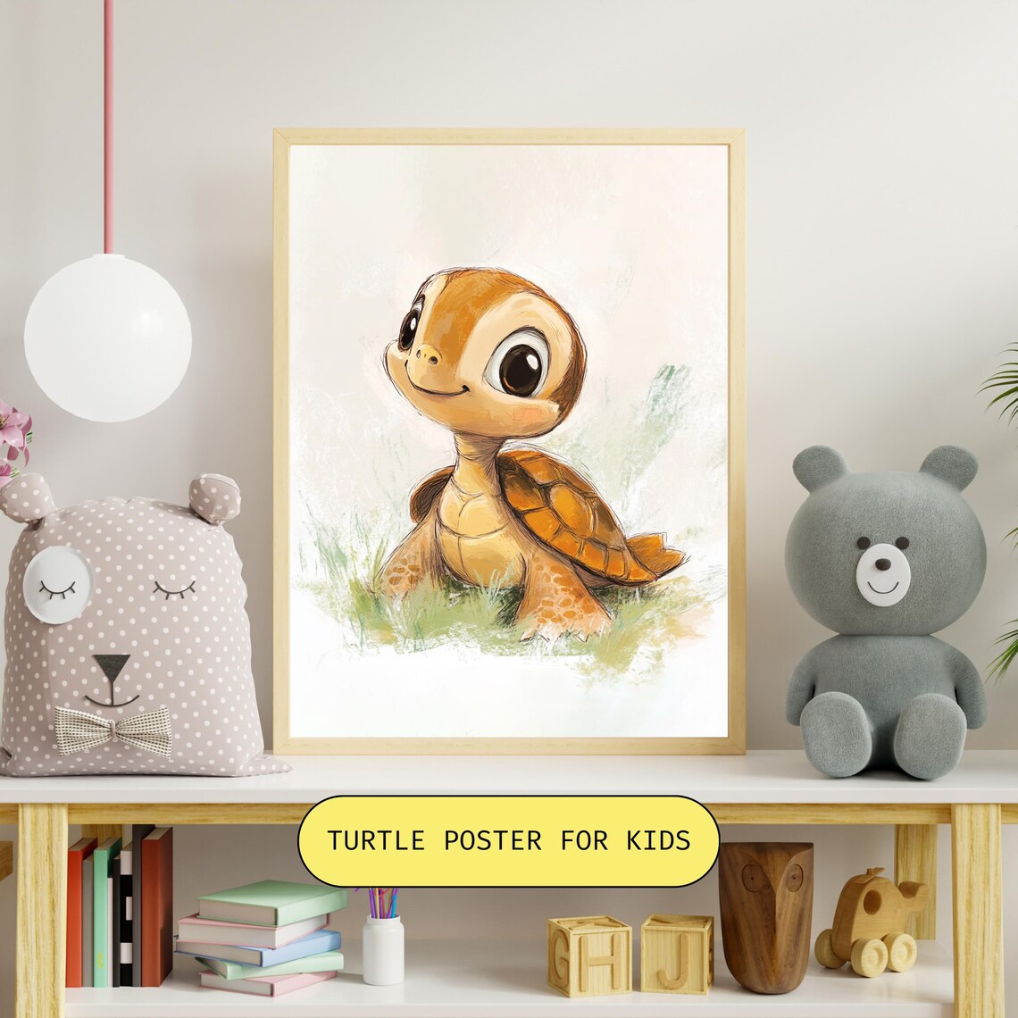 Adorable Smiling Baby Sea Turtle With Big Eyes in Grass Poster