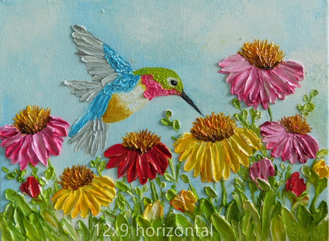 Custom Cone Flowers and Hummingbird Impasto Art Print - Image 3