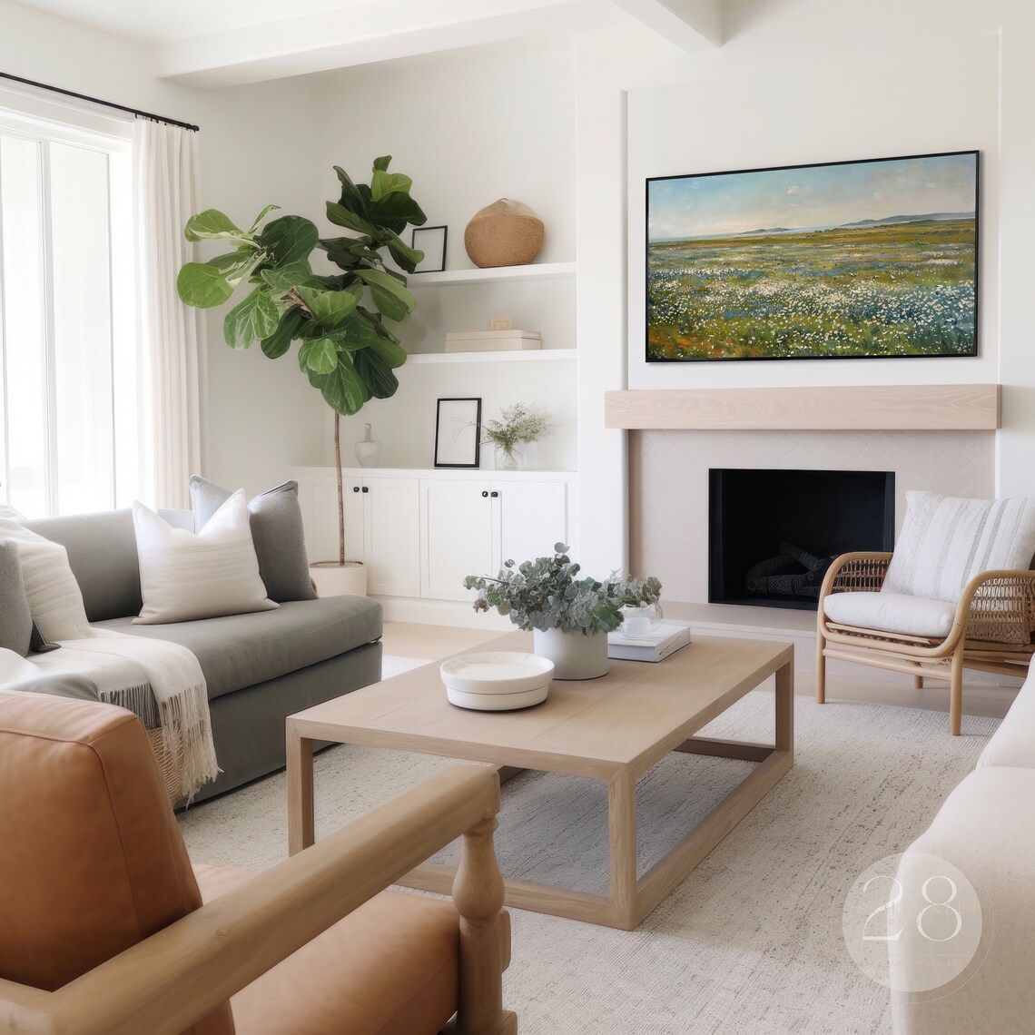 Vast White Blue Wildflower Meadow Distant Hills Summer Landscape Painting Art Print - Image 3