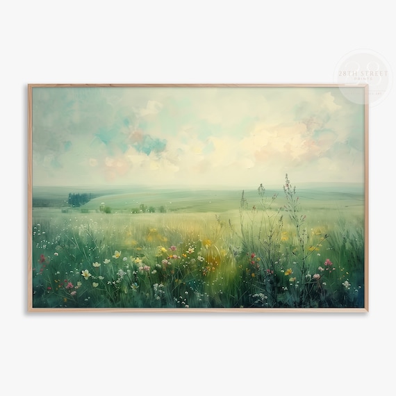 Sunlit Wildflower Meadow Misty Green Morning Haze Spring Landscape Art Print