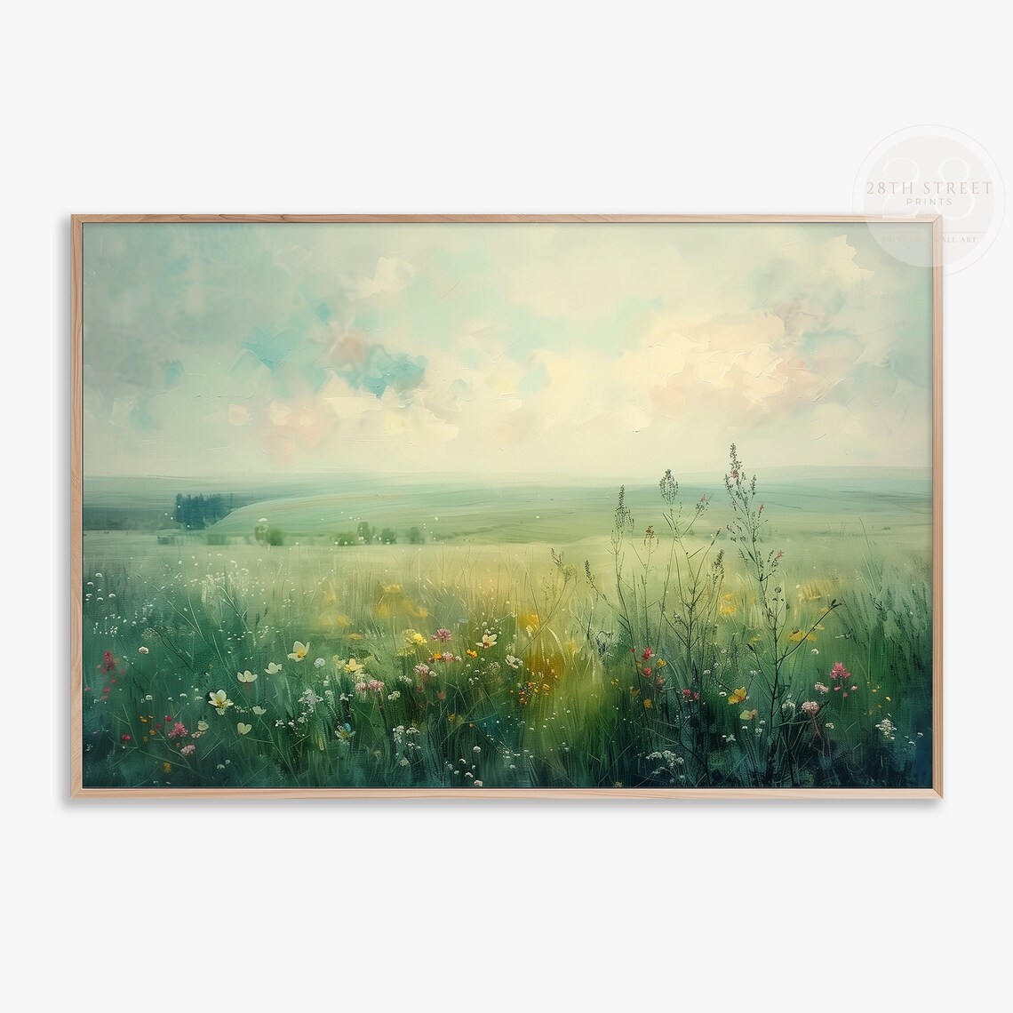 Sunlit Wildflower Meadow Misty Green Morning Haze Spring Landscape Art Print