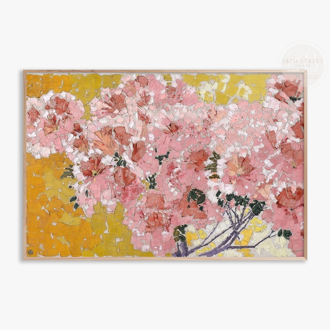 Pink Azalea Blooms Coral Blossoms Gold Ground Impasto Floral Poster
