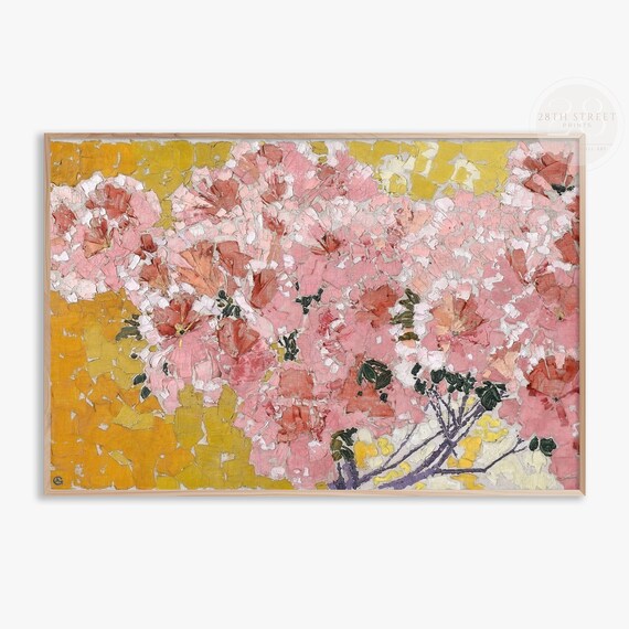 Pink Azalea Blooms Coral Blossoms Gold Ground Impasto Floral Poster