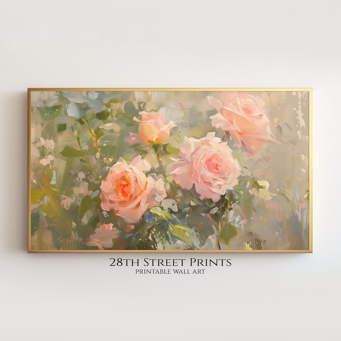 Blush Pink Garden Roses Impressionist Cottagecore Floral Wall Art - Image 3
