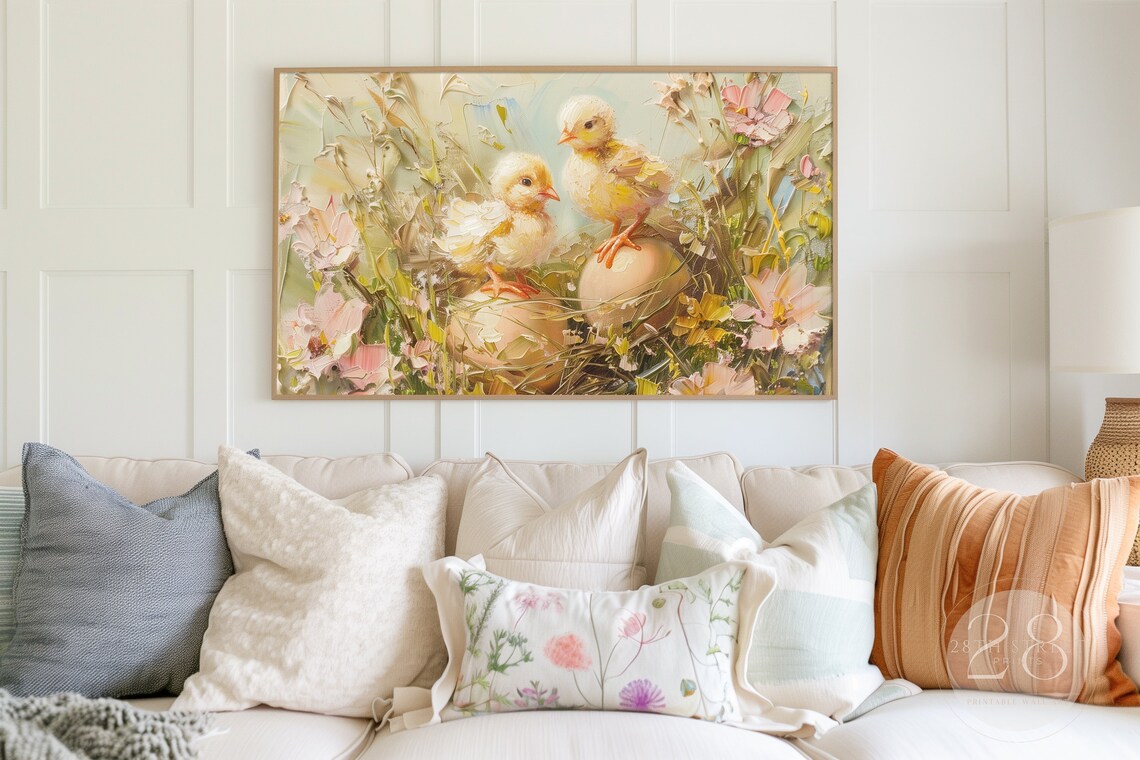 Baby Chicks On Easter Eggs Pink Blossom Spring Floral Painting Art Print - Image 3