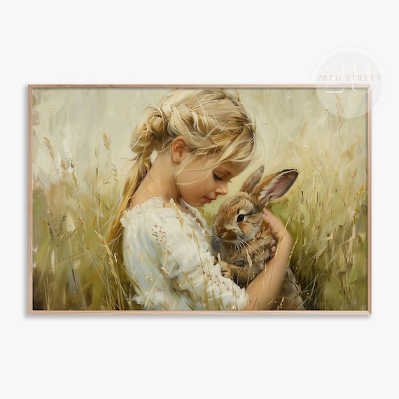 Blonde Girl Holding Bunny Golden Wheat Field Sweet Vintage Painting Poster